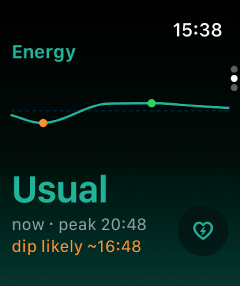 Apple Watch showing the predicted energy curve with peak and dip markers, reading ‘Usual now · peak 20:48, dip likely ~16:48’, beside a check-in button